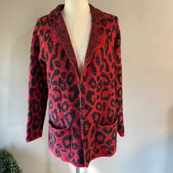 JOSEPH A cheetah red black open front collared cardigan size Oversized Small - Picture 3 of 11